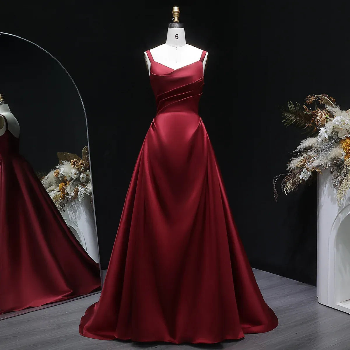 Burgundy Spaghetti Strap Ruched Corset Back Satin A-Line Train Prom Dress