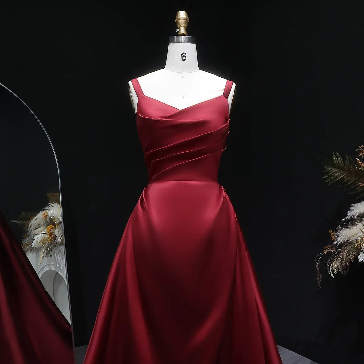 Burgundy Spaghetti Strap Ruched Corset Back Satin A-Line Train Prom Dress