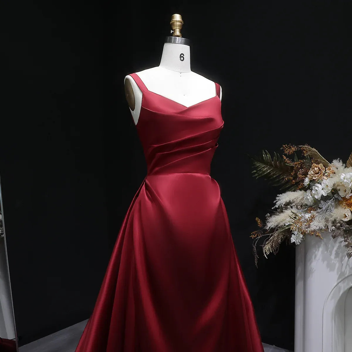 Burgundy Spaghetti Strap Ruched Corset Back Satin A-Line Train Prom Dress