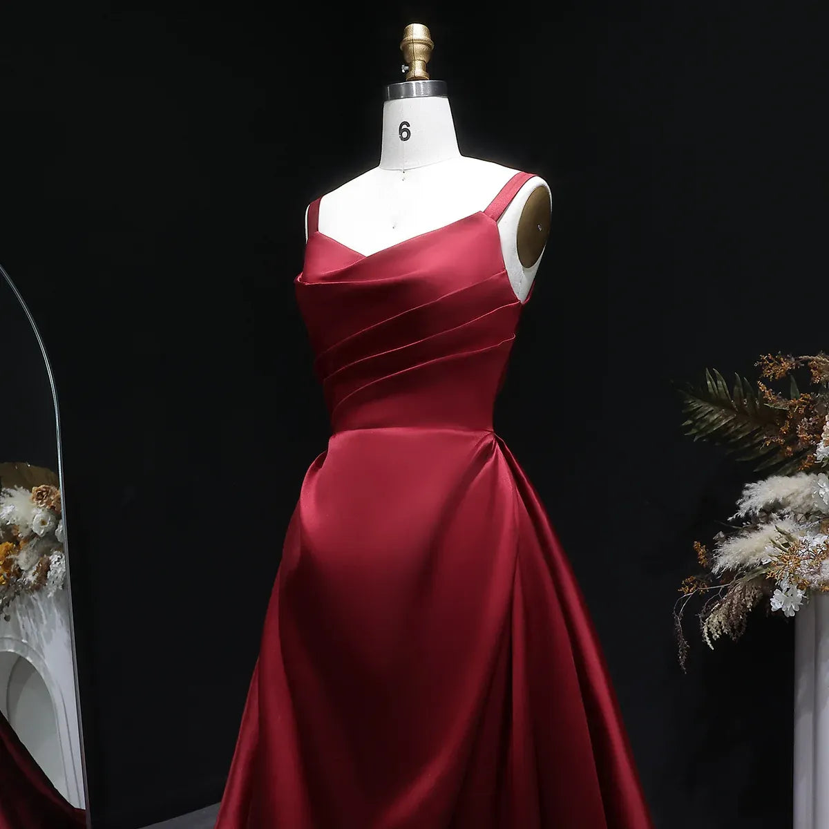 Burgundy Spaghetti Strap Ruched Corset Back Satin A-Line Train Prom Dress