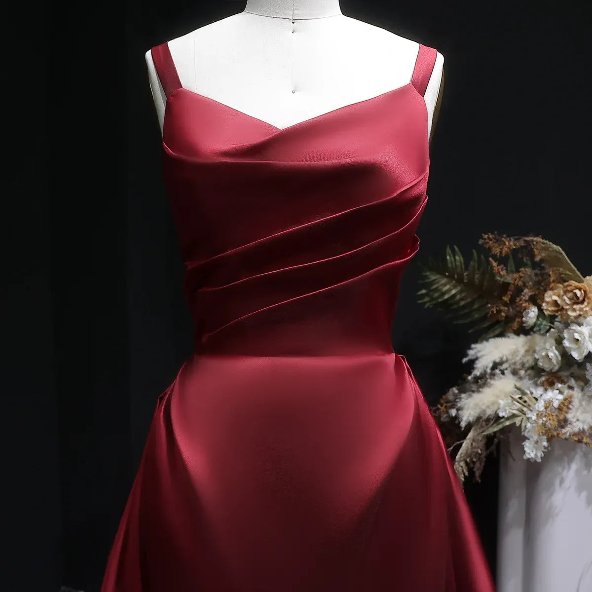 Burgundy Spaghetti Strap Ruched Corset Back Satin A-Line Train Prom Dress