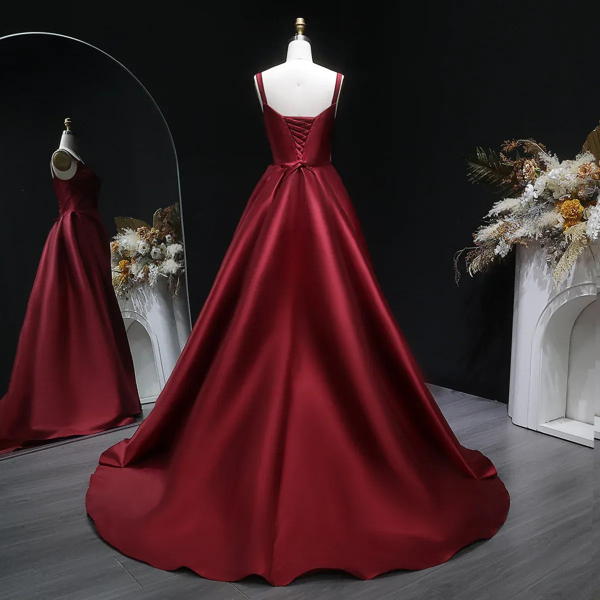 Burgundy Spaghetti Strap Ruched Corset Back Satin A-Line Train Prom Dress