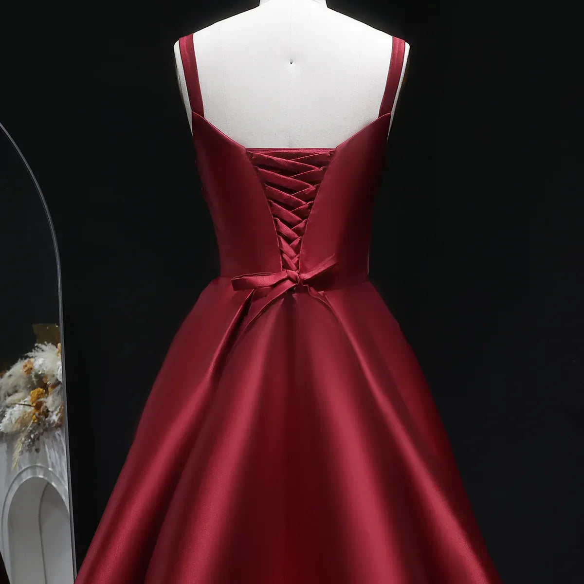 Burgundy Spaghetti Strap Ruched Corset Back Satin A-Line Train Prom Dress