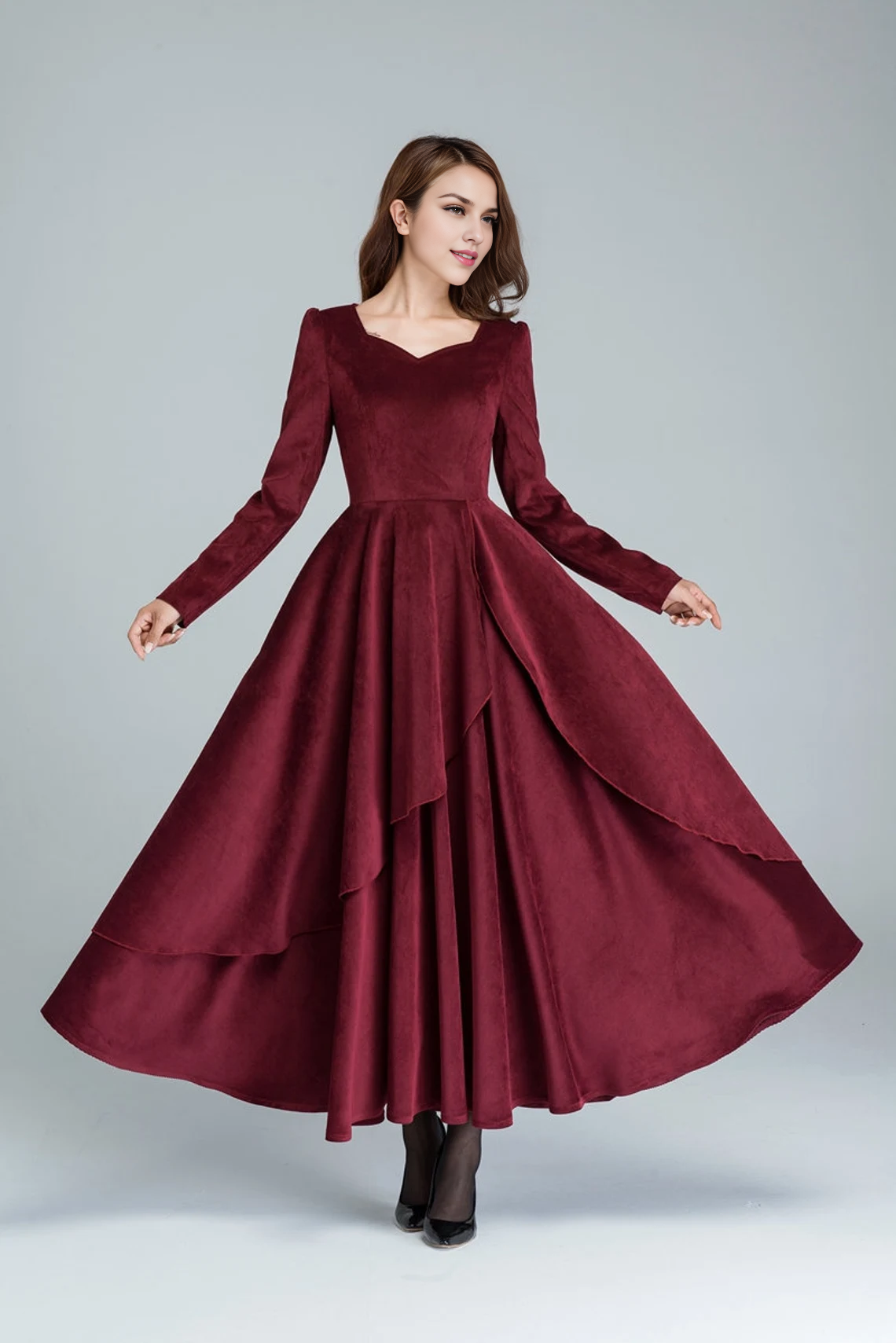 Robe en velours côtelé bordeaux, robe de cocktail à manches longues, robe longue, robe de soirée, robe de mariée, robe à volants, robe d'automne, robe de bal 