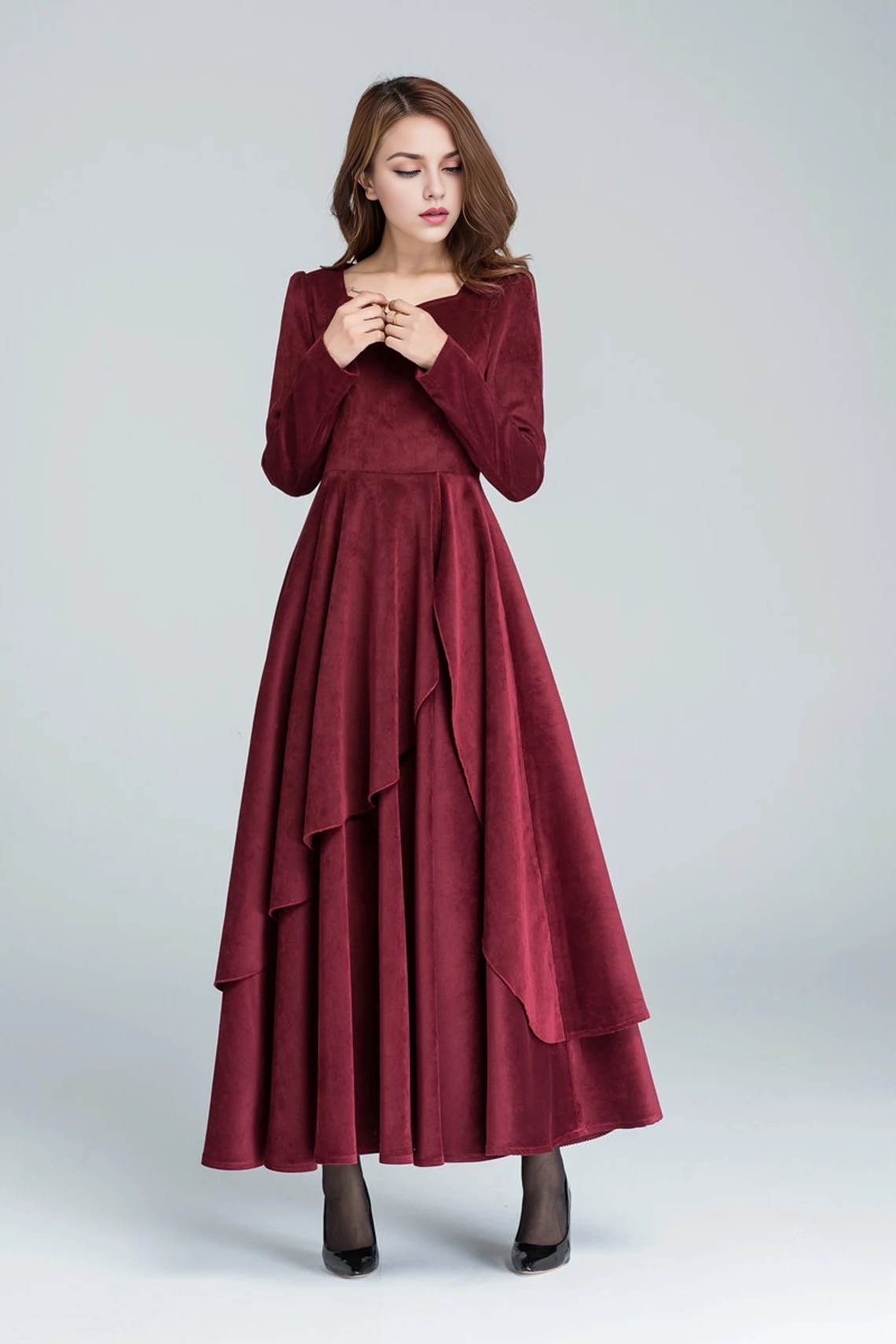 Robe en velours côtelé bordeaux, robe de cocktail à manches longues, robe longue, robe de soirée, robe de mariée, robe à volants, robe d'automne, robe de bal 