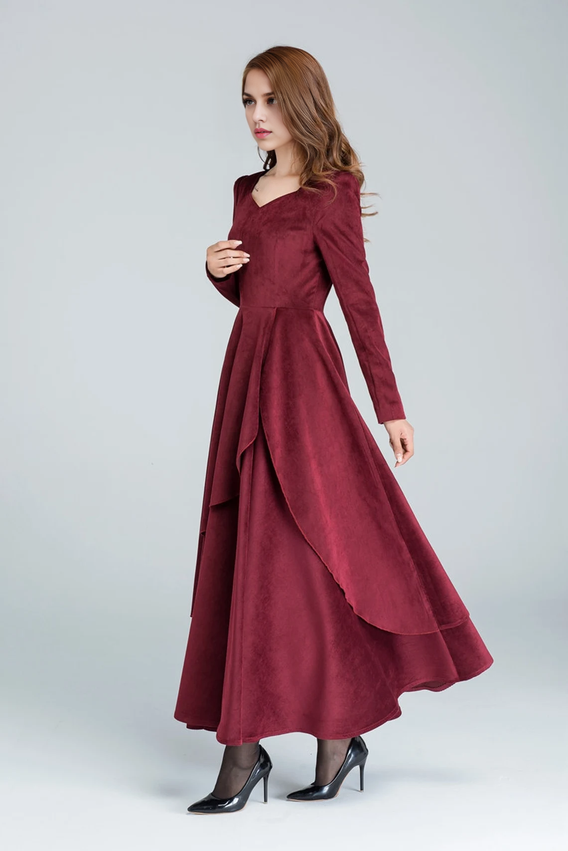 Robe en velours côtelé bordeaux, robe de cocktail à manches longues, robe longue, robe de soirée, robe de mariée, robe à volants, robe d'automne, robe de bal 