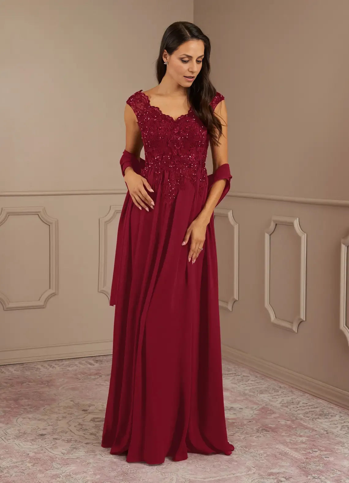 Weitese Dress Black A-Line V-Neck Lace Sequins Chiffon Maxi Dress Modern Cap Sleeves V Back Mother of the Bride Dress