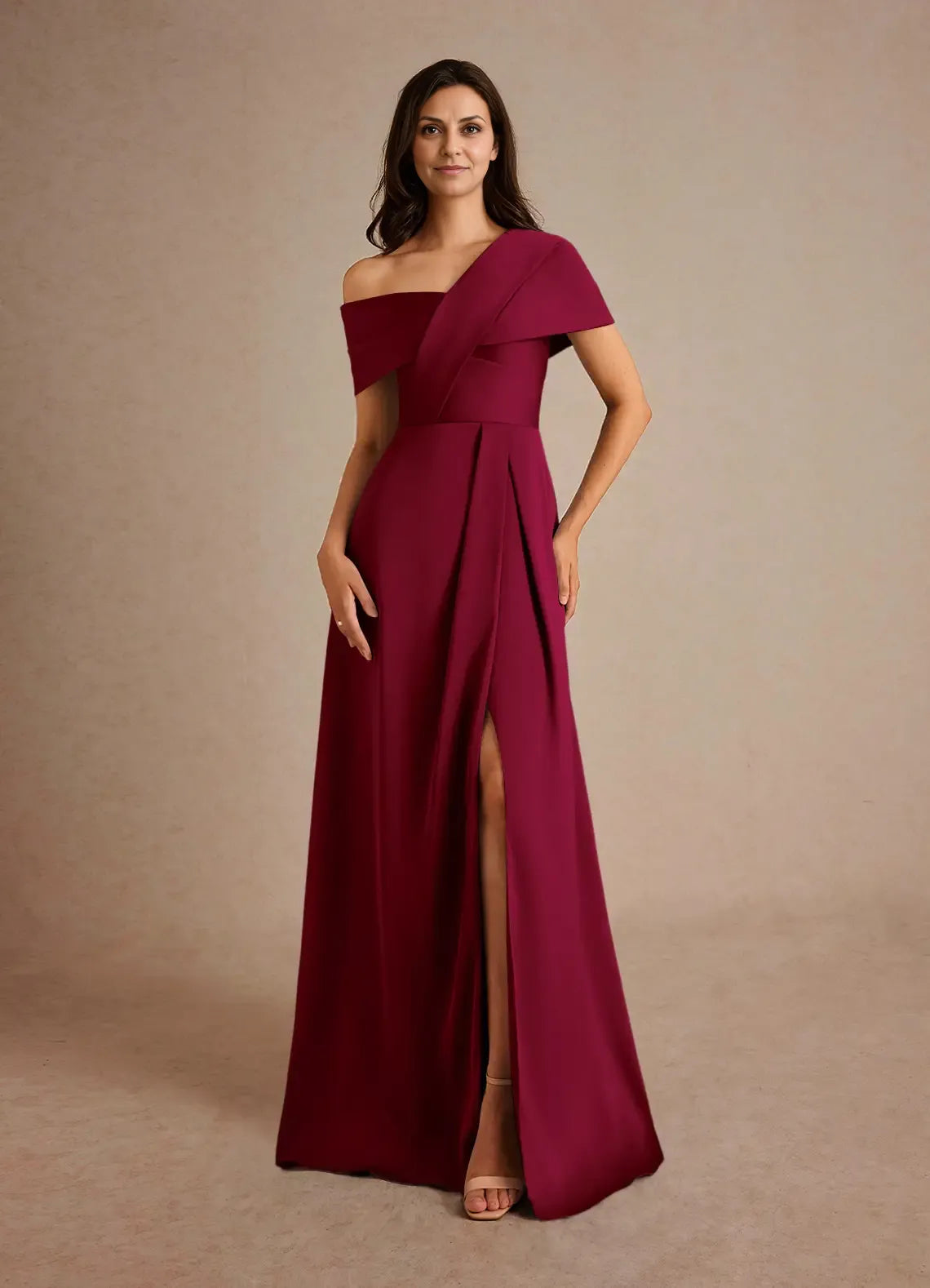 Weitese Dress Champagne A-Line Pleated Satin Maxi Dress Elegant Off the Shoulder Slit Mother of the Bride Dress