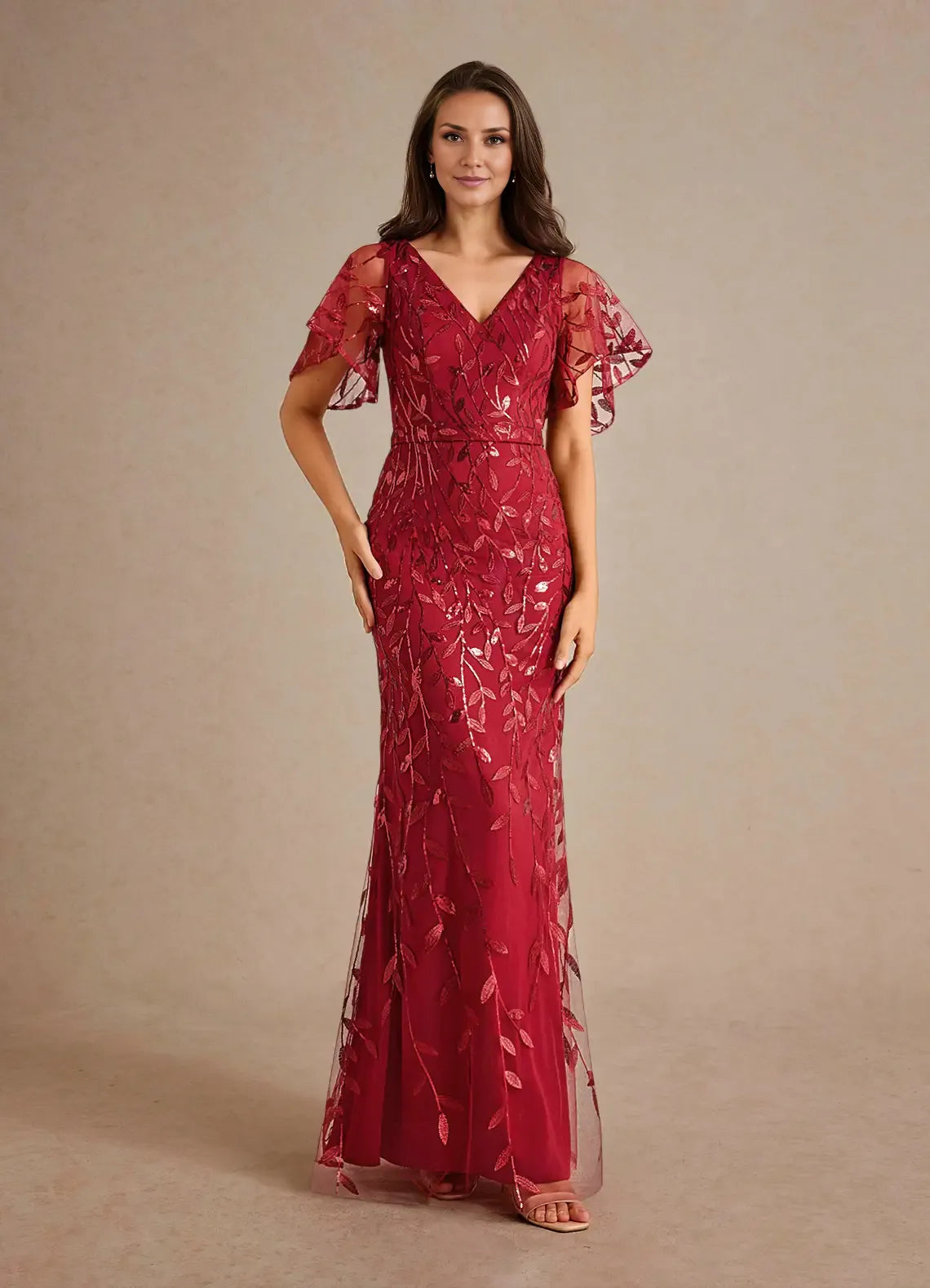Weitese Dress Champagne Sheath Sequins Mother of the Groom Dresses Elegant V-Neck Flutter Sleeves Tulle Evening Dress