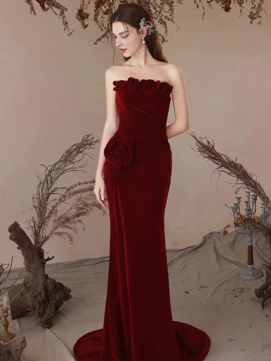 Weitese Formal Women's Dresses Strapless Burgundy Mermaid Long Prom Dress Mermaid Evening Dress Prom Dresses Stores