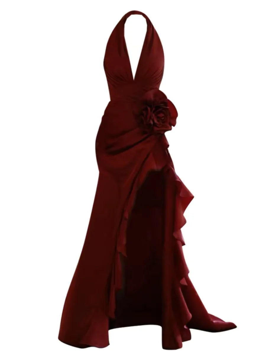 Robe de bal longue sirène bordeaux à col licou et fente pour femme. Robes de soirée Weitese. 