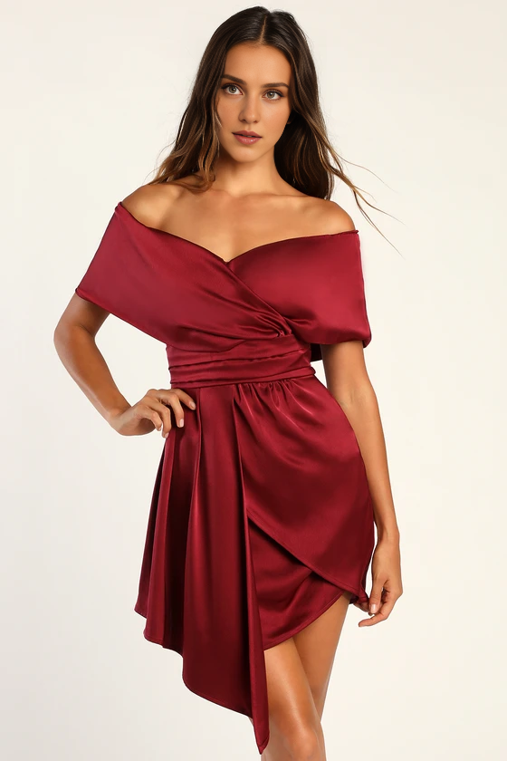 Robes de soirée Weitese pour femmes, toujours à l'honneur : mini-robe bordeaux en satin à épaules dénudées, boutiques de robes de bal 