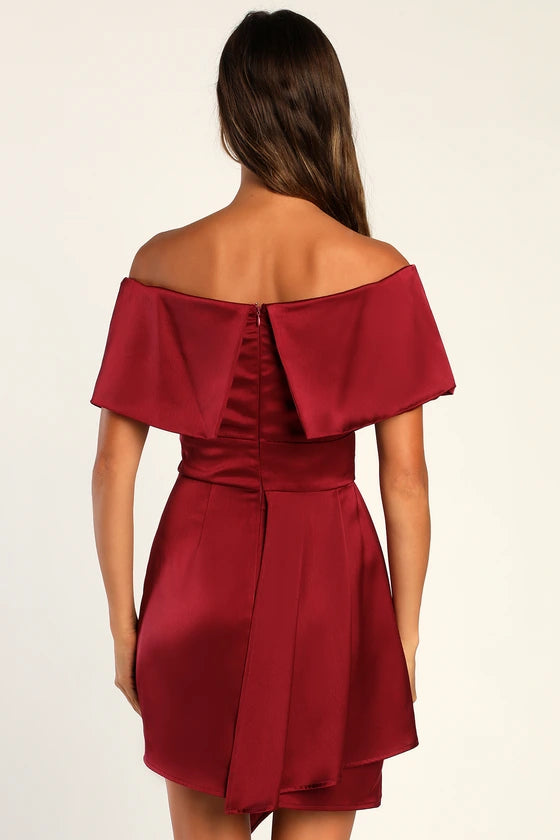 Robes de soirée Weitese pour femmes, toujours à l'honneur : mini-robe bordeaux en satin à épaules dénudées, boutiques de robes de bal 