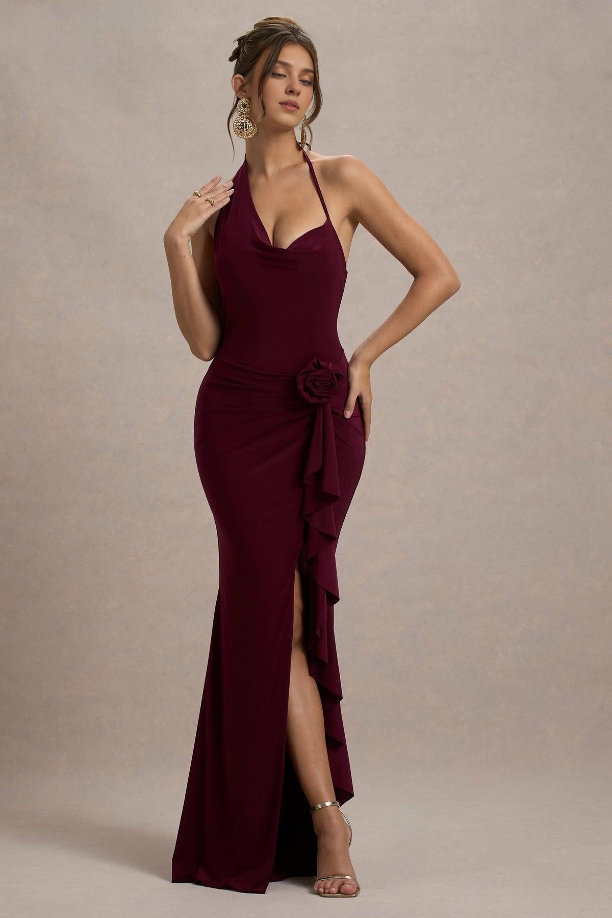 Weitese Dress Powder Blue Cowl-Neck Wrap Maxi Dress With Floral Drape Bridesmaid Dress Spaghetti Straps Open Back Sexy Prom Dress