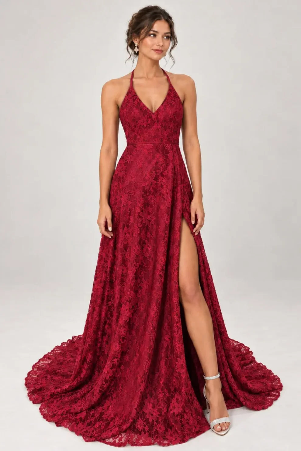 Burgundy Lace A-Line Halter Open Back Floor-Length Dress