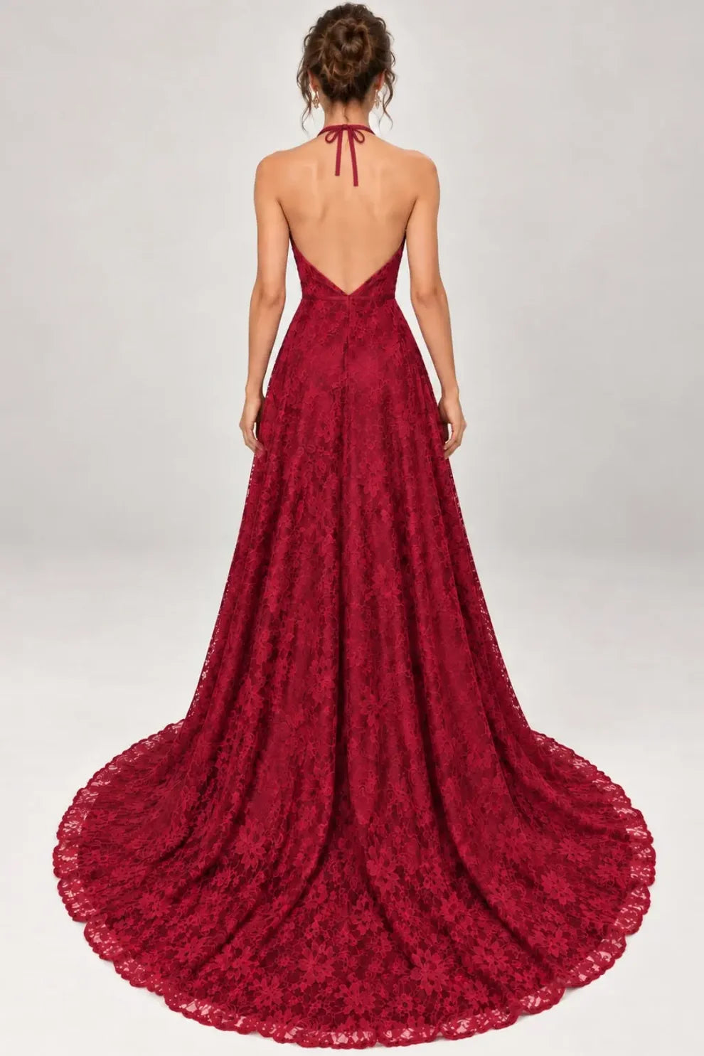 Burgundy Lace A-Line Halter Open Back Floor-Length Dress