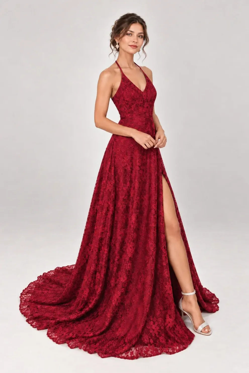 Burgundy Lace A-Line Halter Open Back Floor-Length Dress