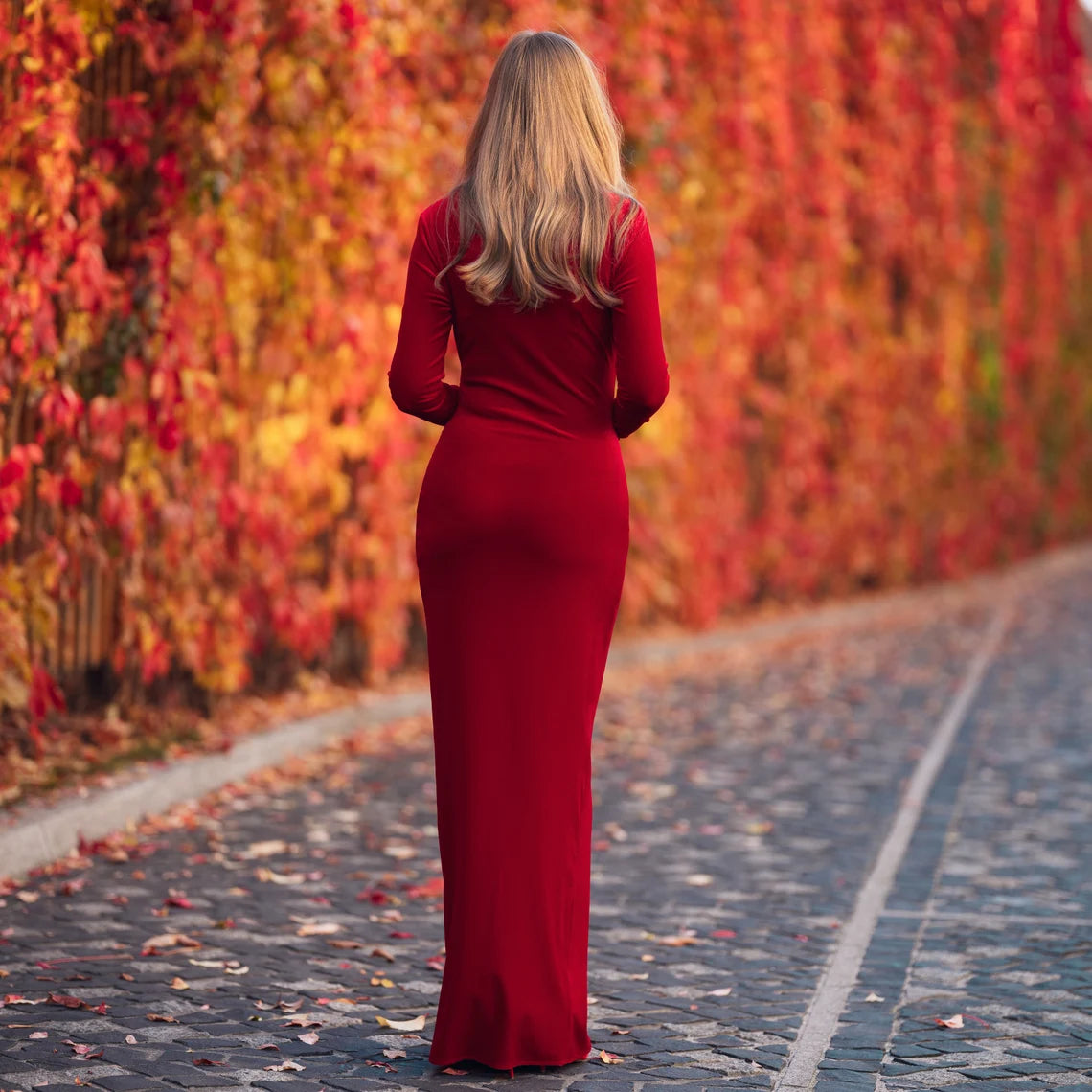 Burgundy Long Wrap Velvet Bodycon Dress Bridesmaid Velvet Dress Wedding Guest Dress Velvet  New Year Evening Dress Maxi Dress