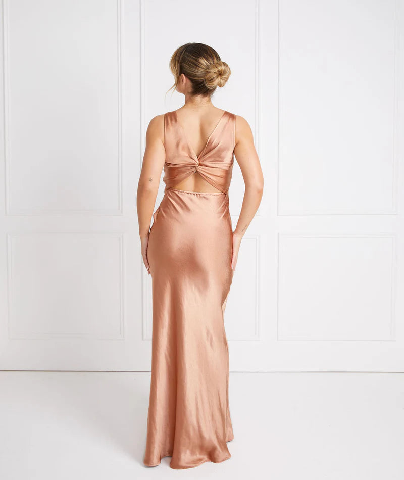 Weitese Dress Fashion Twist Back Satin Bridesmaid Dress Maxi Dress Solid Color Champagne Deep V Neck Column Prom Dress