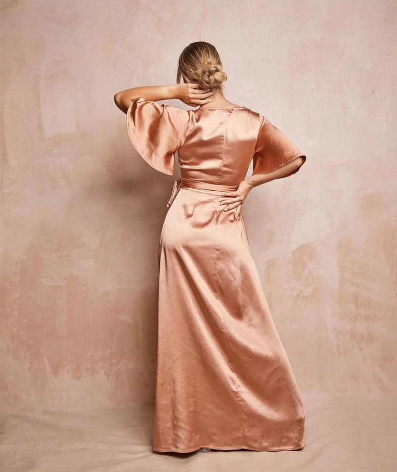 Weitese Dress Fashion Wrap Tie Satin Bridesmaid Dress Maxi Dress Solid Color Champagne Flutter Sleeve Column Prom Dress