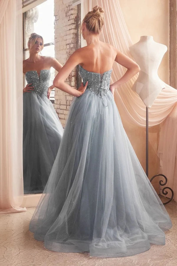 Dusty Blue A-line Sweetheart Strapless Corset Back Tulle Prom Gown