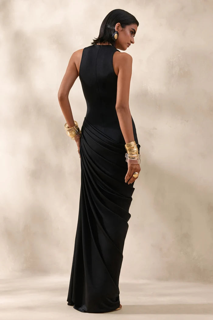 Black Jersey Sheath Cowl Neck High Back Floor Length Dress