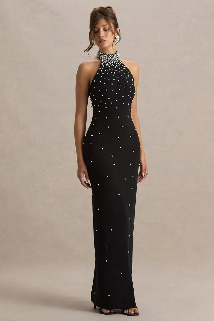 Black Crepe Sheath Halter Open Back Floor-Length Dress