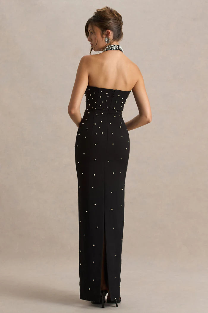 Black Crepe Sheath Halter Open Back Floor-Length Dress