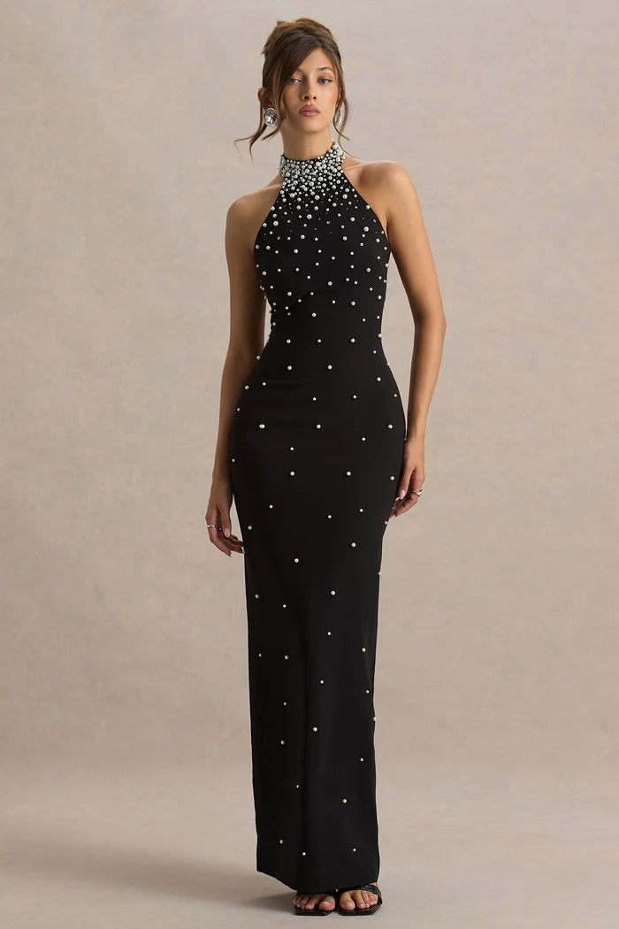 Black Crepe Sheath Halter Open Back Floor-Length Dress
