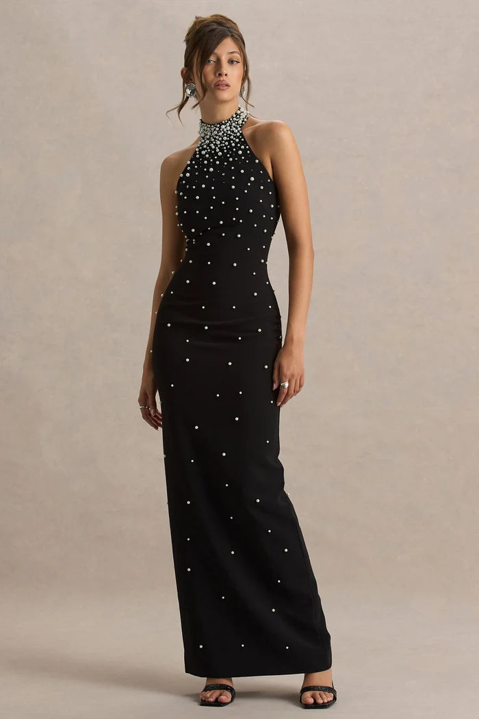 Black Crepe Sheath Halter Open Back Floor-Length Dress