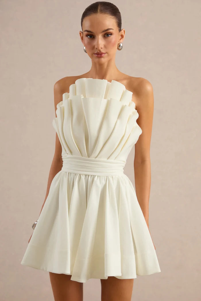 Ivory Satin A-Line Straight-Across Zipper Back Mini Dress