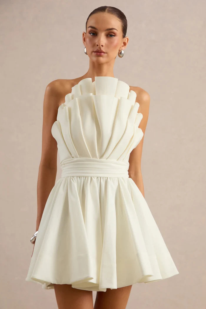 Ivory Satin A-Line Straight-Across Zipper Back Mini Dress