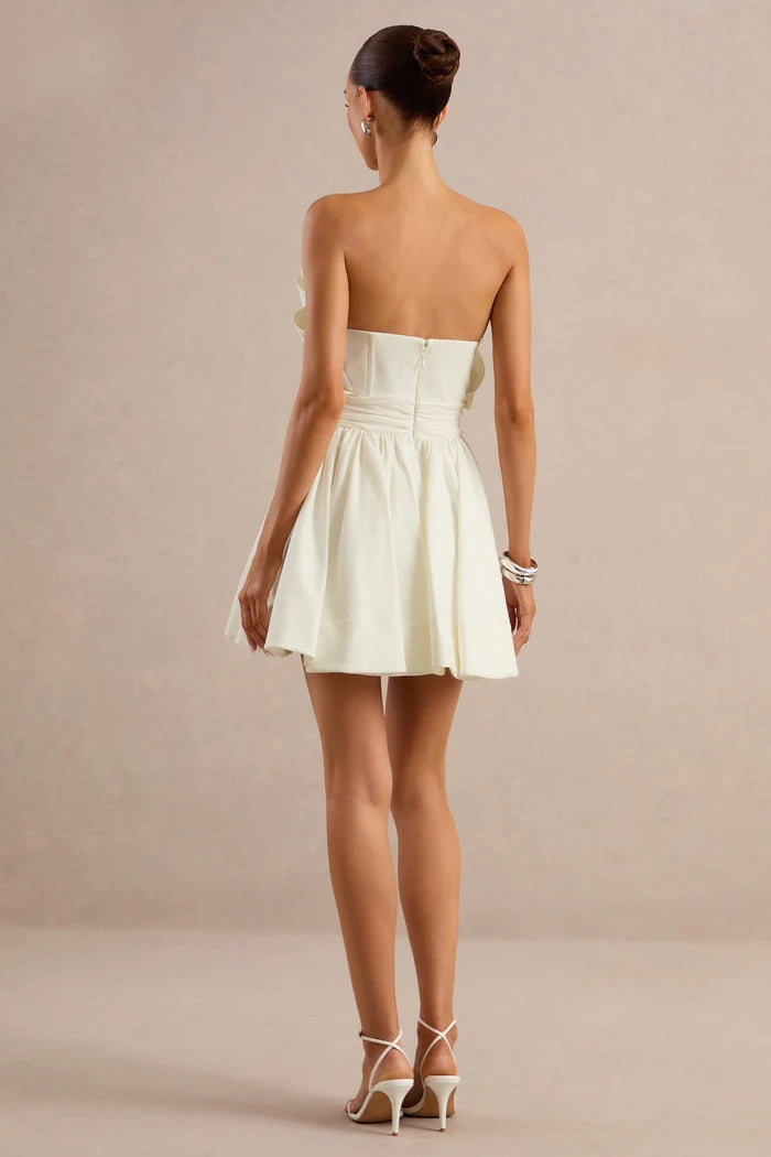 Ivory Satin A-Line Straight-Across Zipper Back Mini Dress