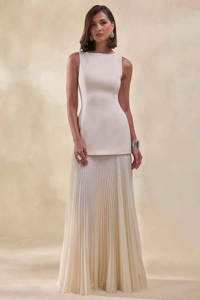 Ivory Crepe and Pleated Chiffon A-Line Boat Neck Floor-Length Dress