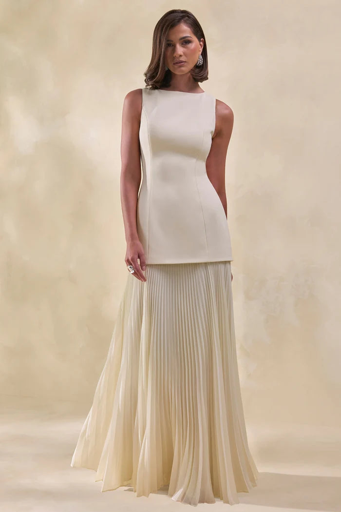Ivory Crepe and Pleated Chiffon A-Line Boat Neck Floor-Length Dress