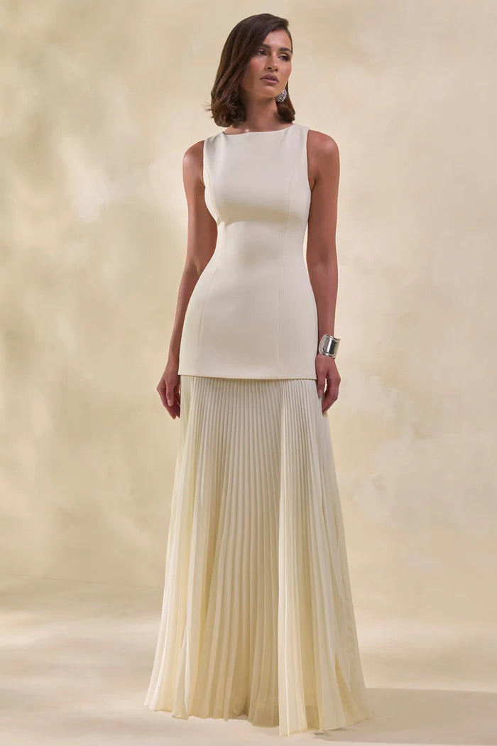 Ivory Crepe and Pleated Chiffon A-Line Boat Neck Floor-Length Dress