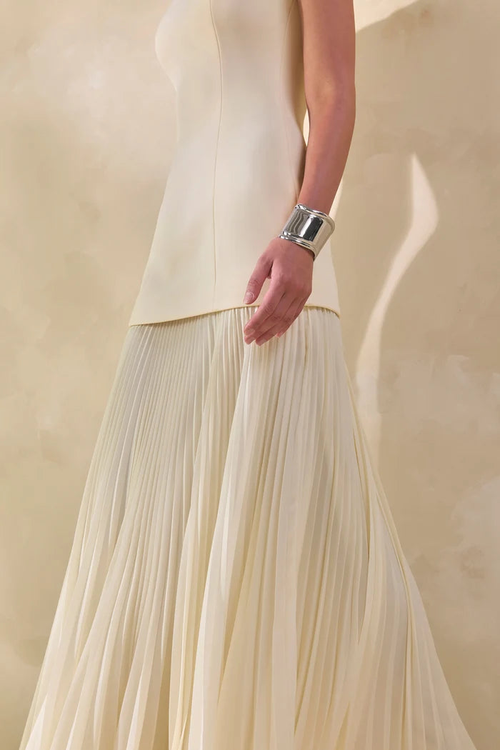 Ivory Crepe and Pleated Chiffon A-Line Boat Neck Floor-Length Dress
