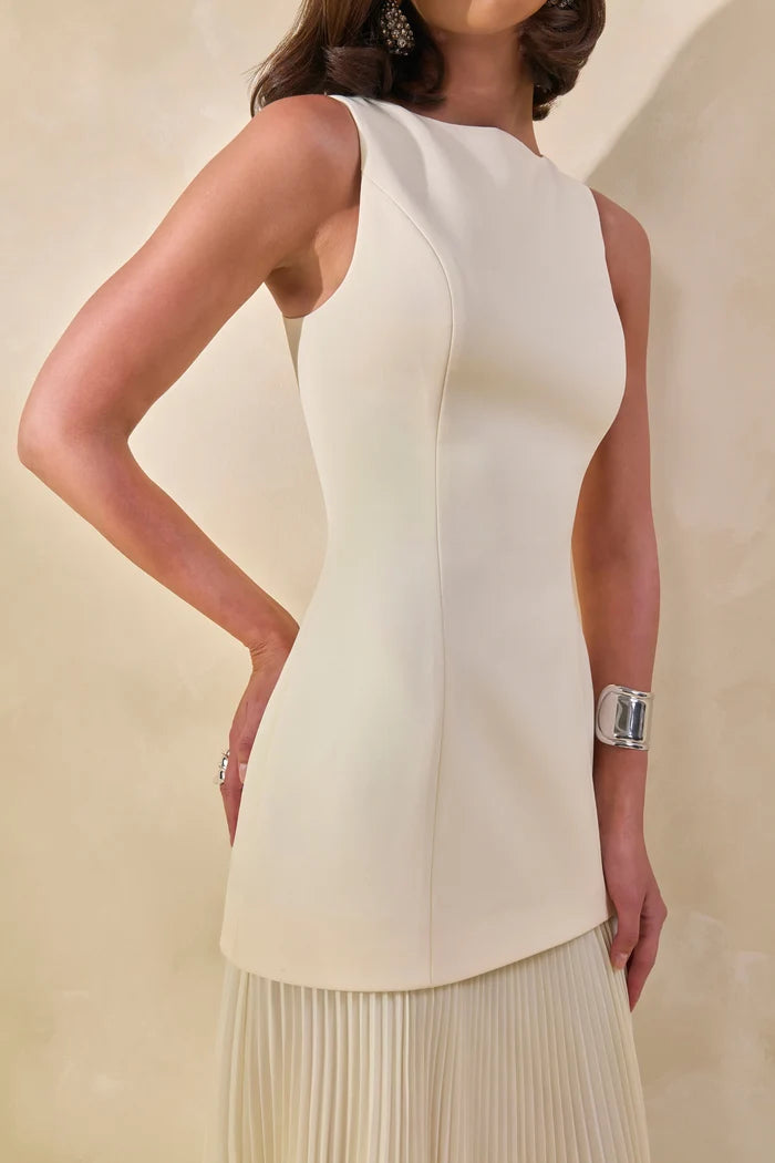 Ivory Crepe and Pleated Chiffon A-Line Boat Neck Floor-Length Dress
