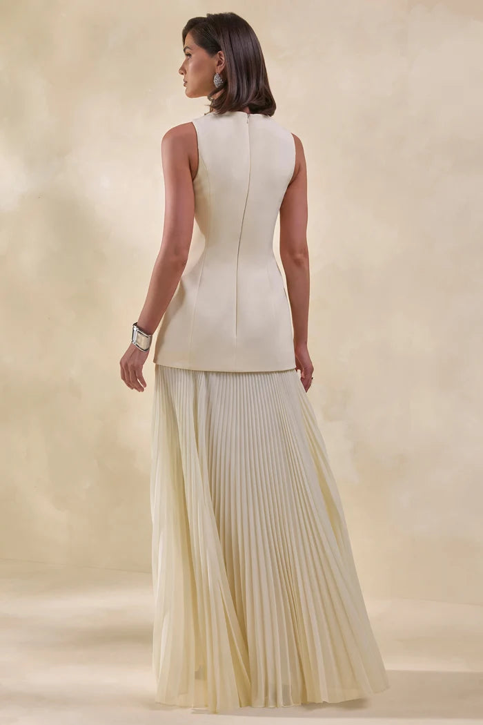 Ivory Crepe and Pleated Chiffon A-Line Boat Neck Floor-Length Dress
