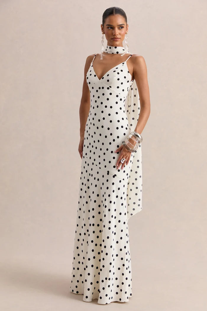 Ivory Polka Dot Crepe Sheath V-Neck Low Back Floor-Length Dress