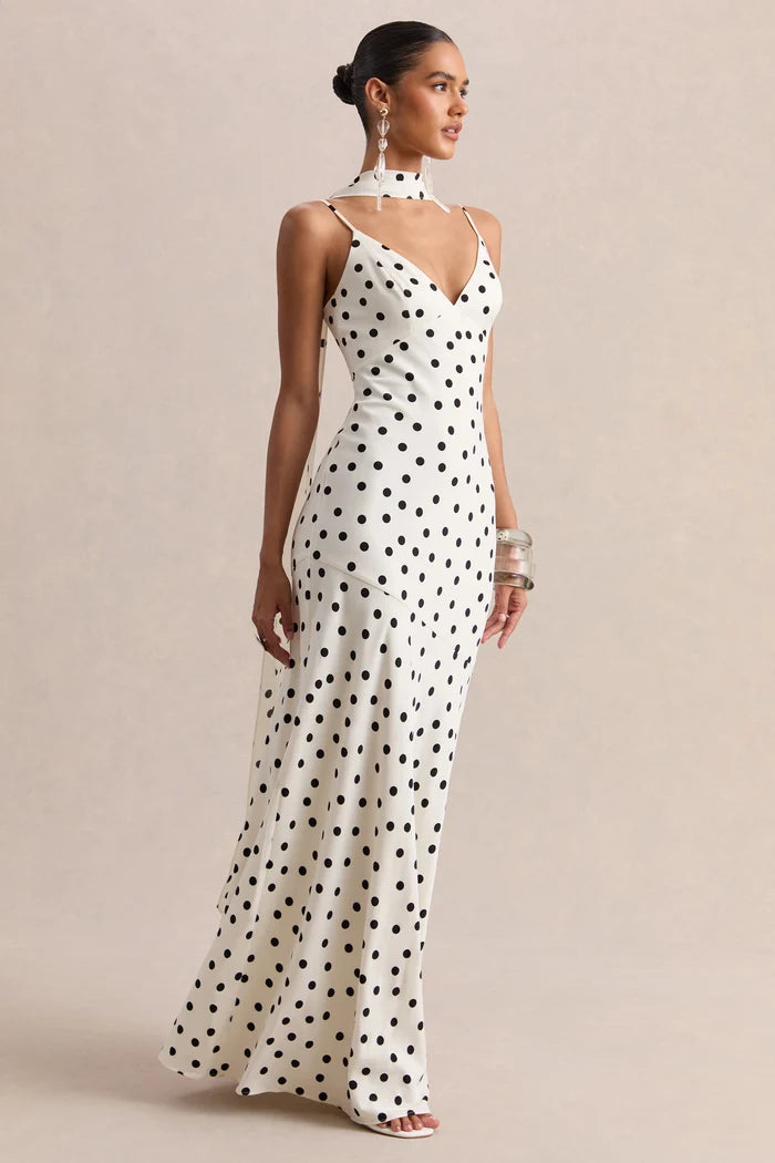 Ivory Polka Dot Crepe Sheath V-Neck Low Back Floor-Length Dress