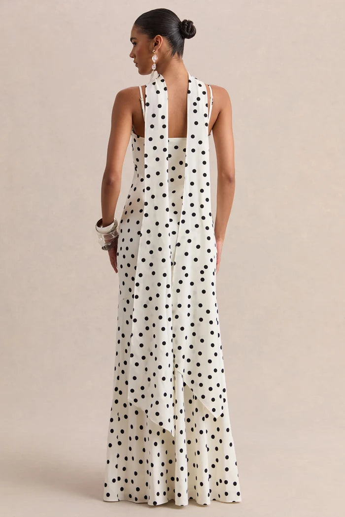 Ivory Polka Dot Crepe Sheath V-Neck Low Back Floor-Length Dress
