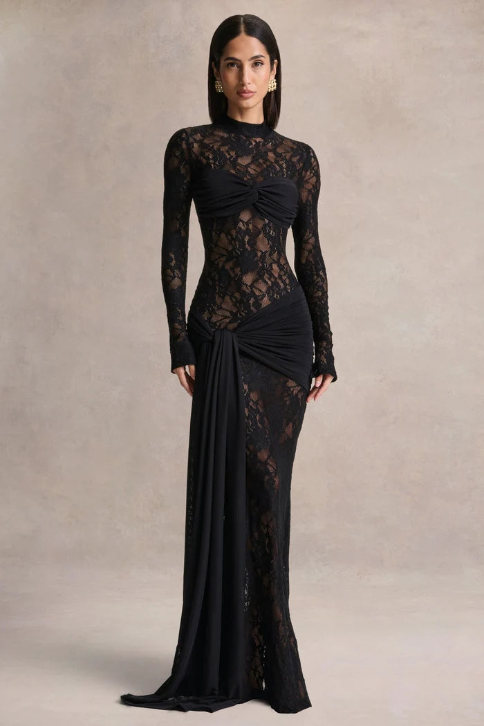 Black Lace and Jersey Sheath High Neck Floor Length Dress