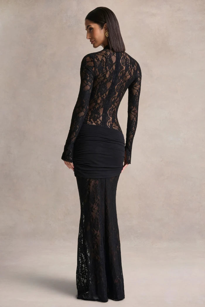 Black Lace and Jersey Sheath High Neck Floor Length Dress