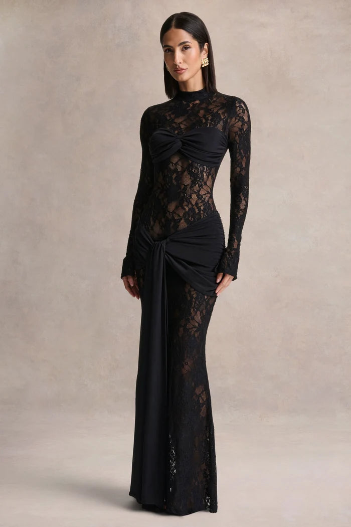 Black Lace and Jersey Sheath High Neck Floor Length Dress