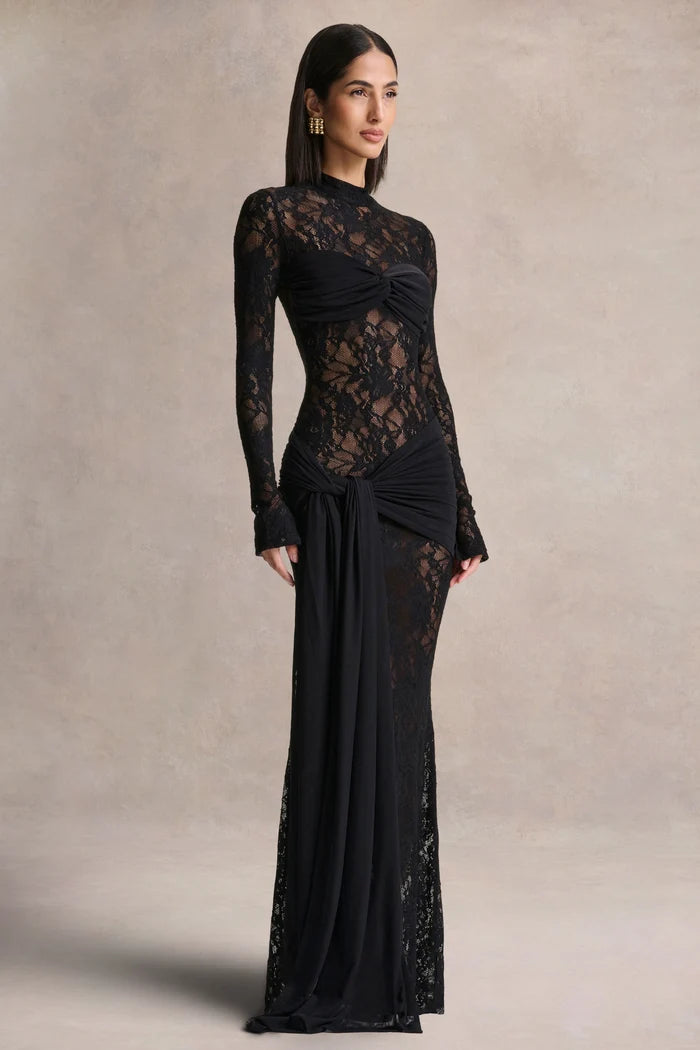 Black Lace and Jersey Sheath High Neck Floor Length Dress