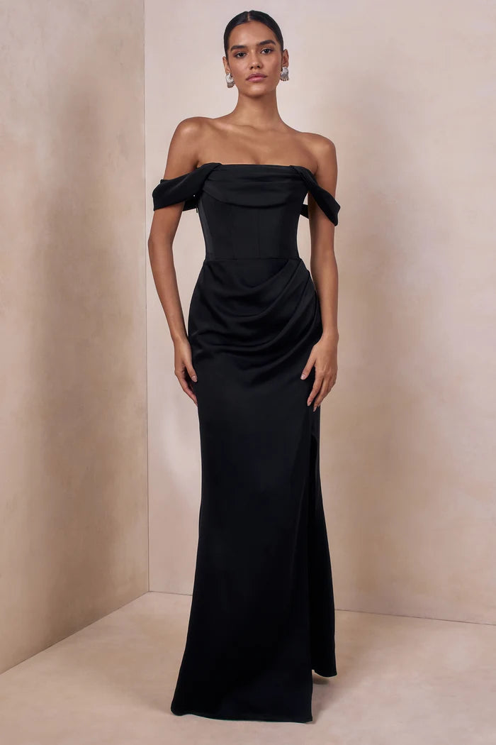 Black Satin Sheath Off-the-Shoulder Lace-Up Back Floor Length Dress