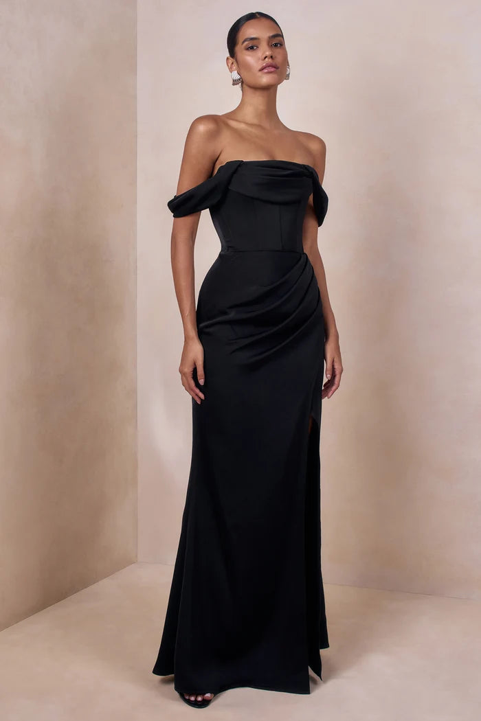 Black Satin Sheath Off-the-Shoulder Lace-Up Back Floor Length Dress
