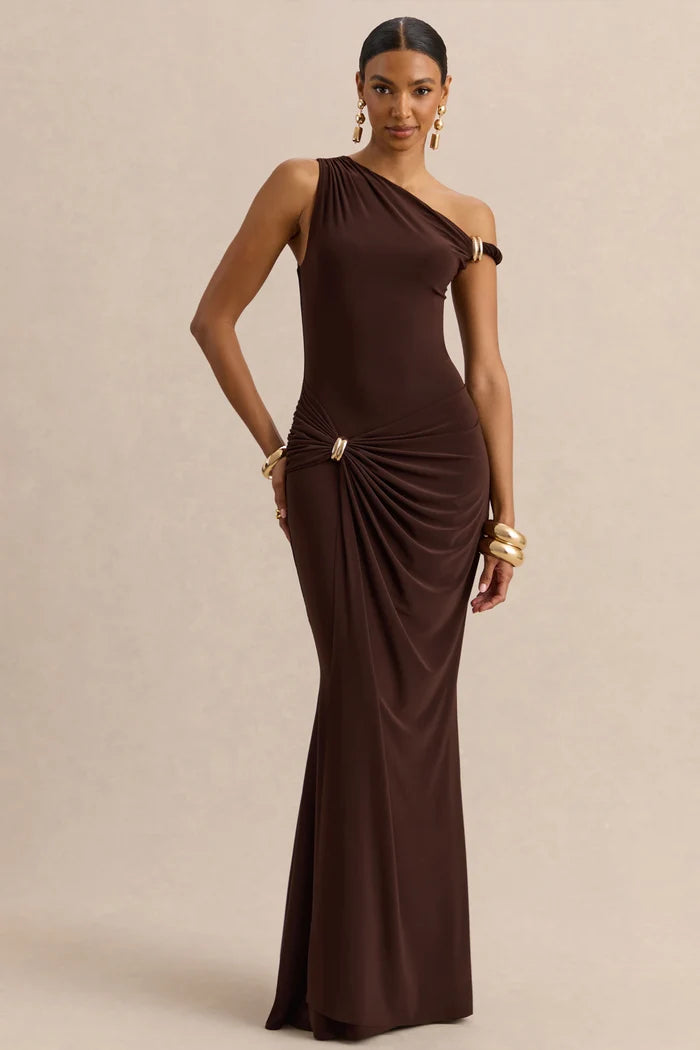 Espresso Jersey Sheath One Shoulder High Back Floor-Length Dress