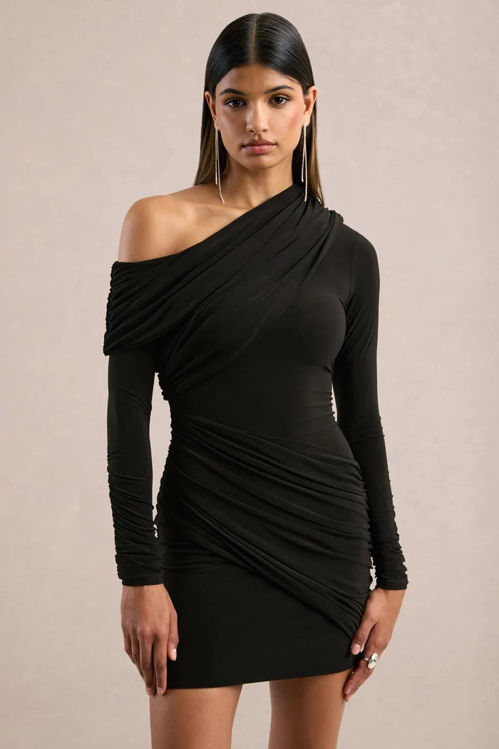 Black Stretch Knit Bodycon One Shoulder High Back Mini Dress
